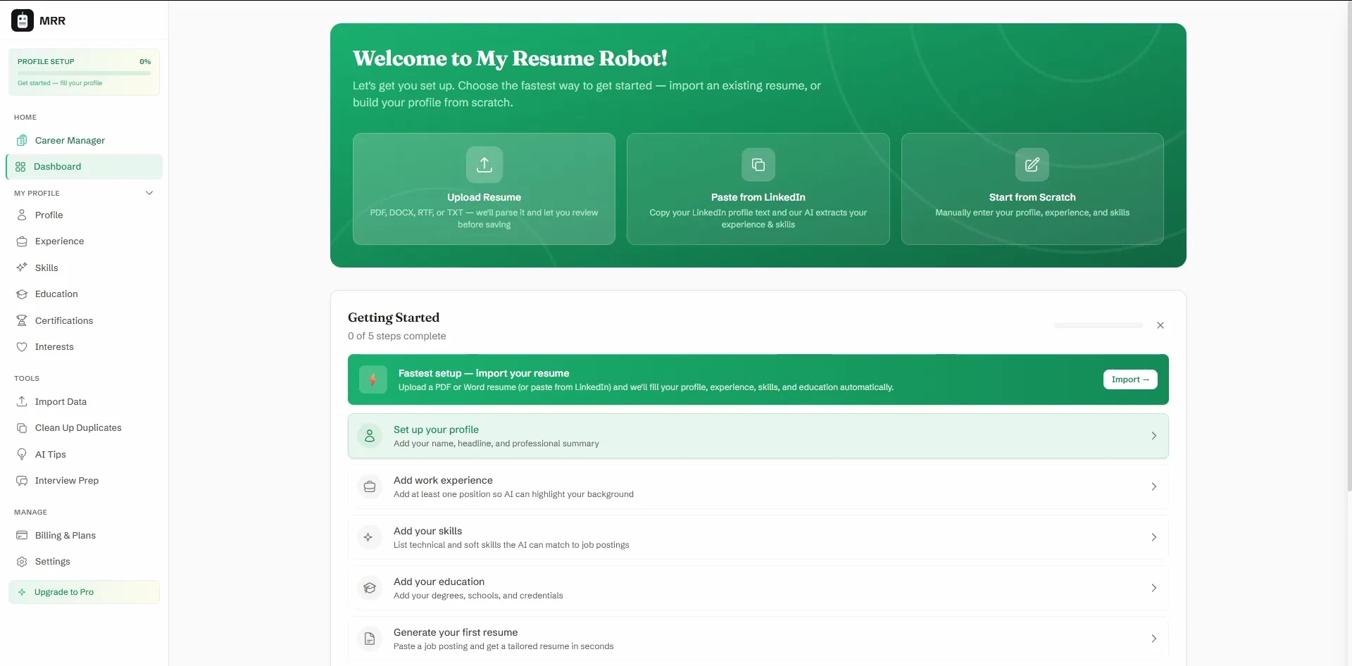 MyResumeRobot onboarding screen with choices to upload a fictional CV, paste LinkedIn profile text, or start from scratch.