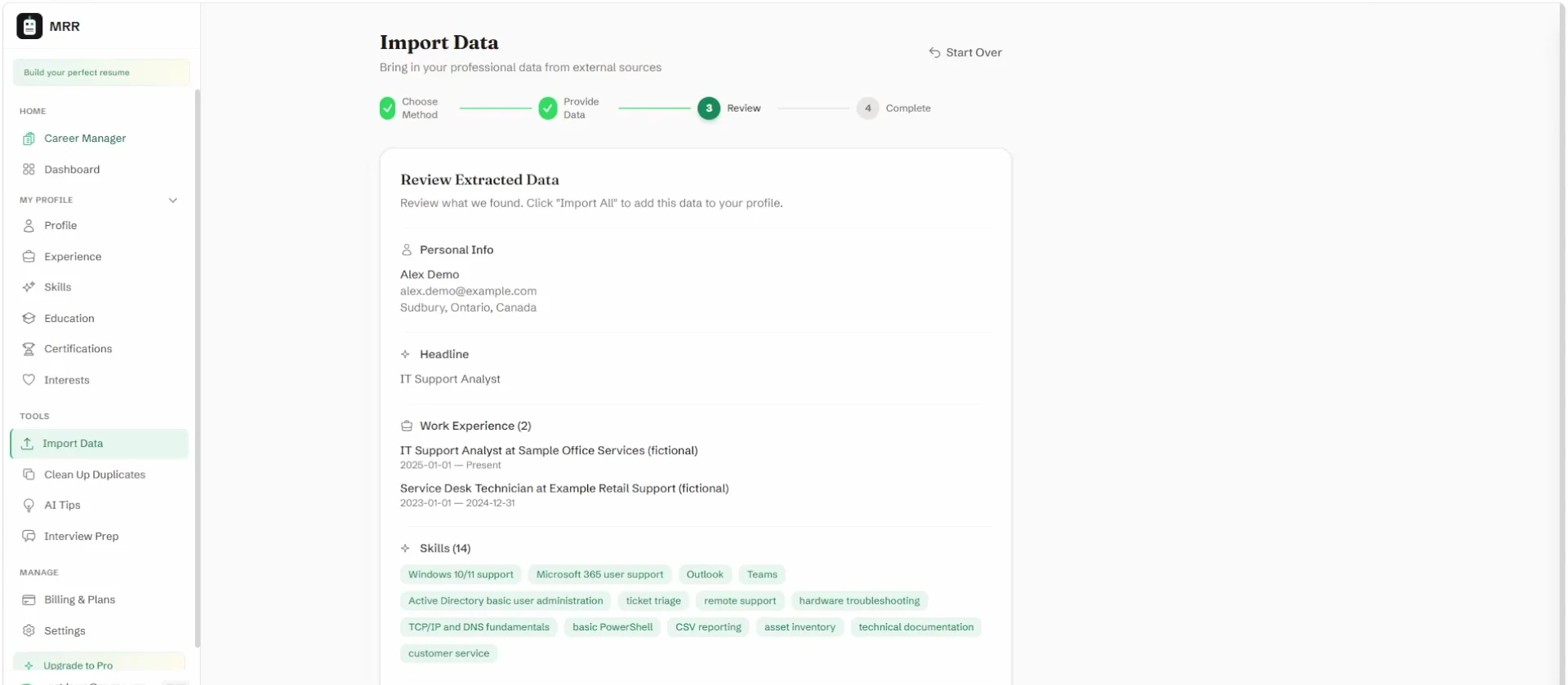 MyResumeRobot reviewing Alex Demo’s fictional imported profile, with work history and skills listed.