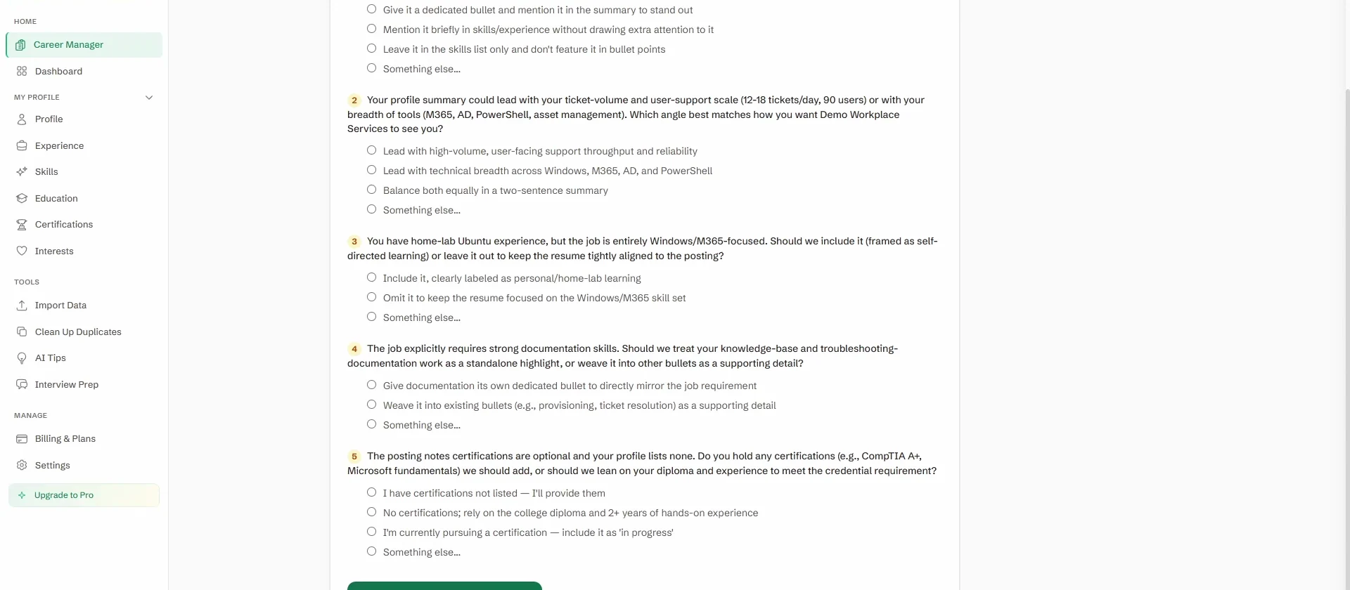 MyResumeRobot clarification screen with optional questions about work scope, profile summary, personal home-lab learning, documentation, and certifications for fictional candidate Alex Demo.