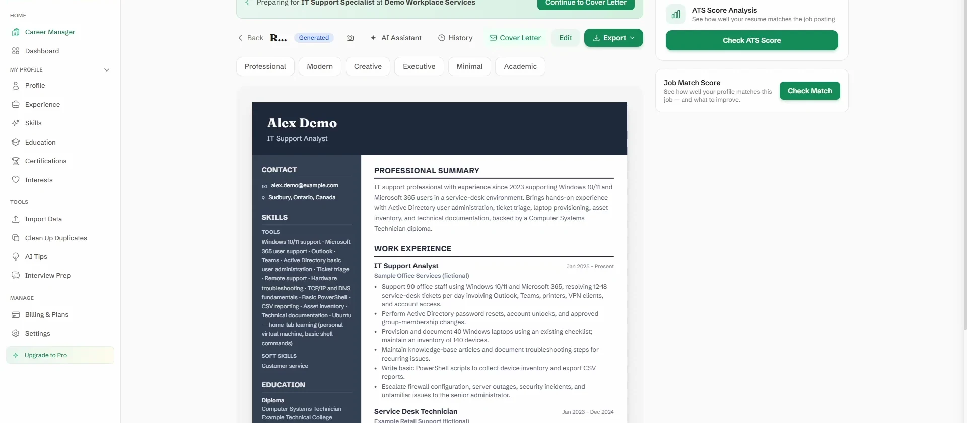 MyResumeRobot preview of Alex Demo’s fictional tailored IT Support Specialist CV, with template choices and editing controls.
