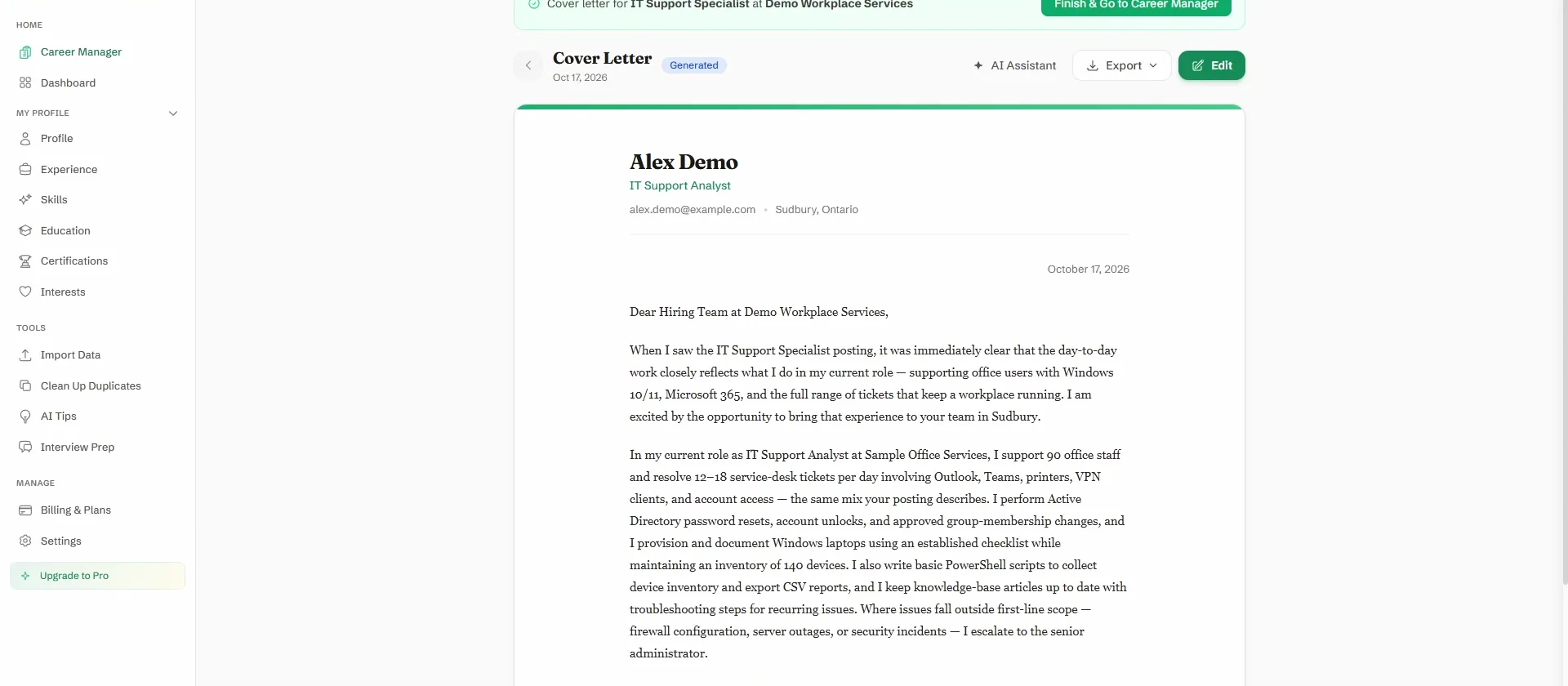 MyResumeRobot preview of Alex Demo’s fictional cover letter for a fictional IT Support Specialist position.