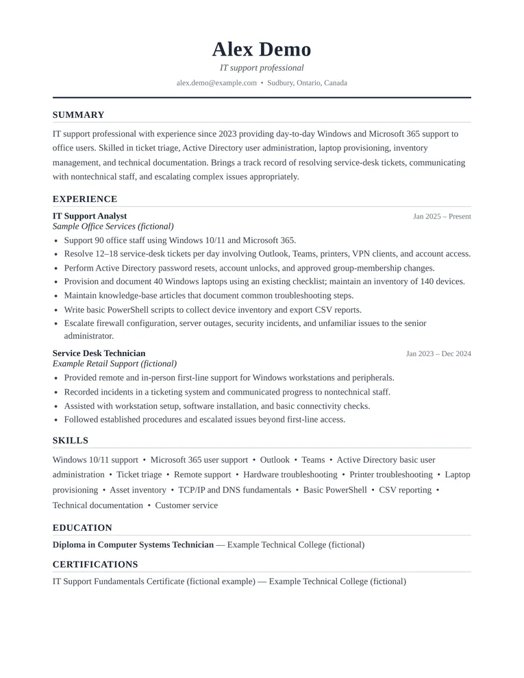Fictional Alex Demo resume in the Academic/CV template, with a centered serif name and classic section rules.