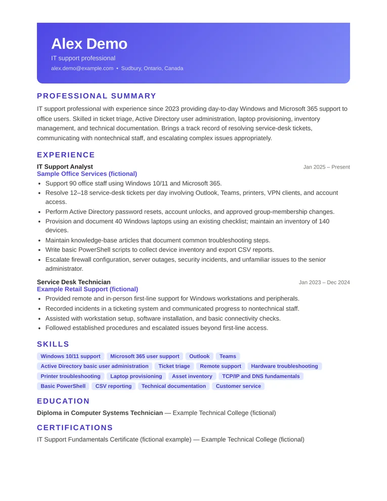 Fictional Alex Demo resume in the Creative template, with a violet gradient header and highlighted skill labels.