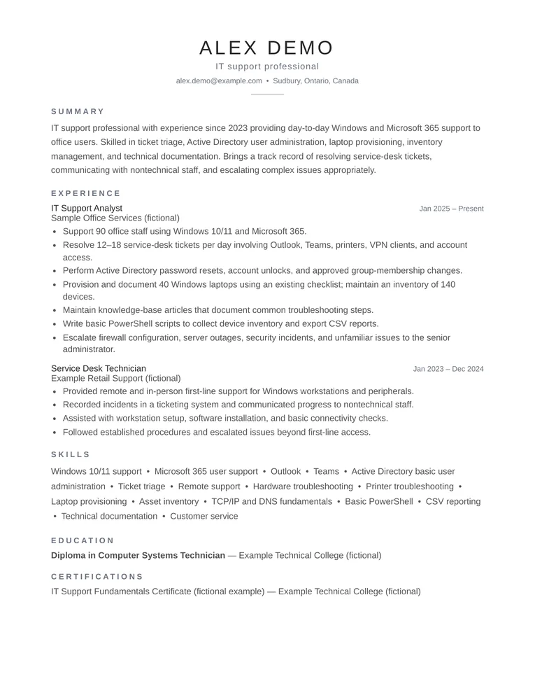 Fictional Alex Demo resume in the Executive template, with a centered name and formal section dividers.