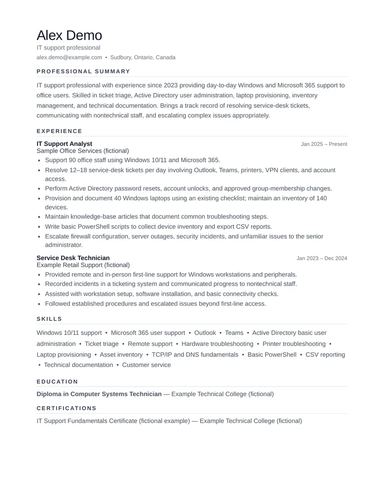 Fictional Alex Demo resume in the Minimal template, with a clean one-column layout and understated section headings.