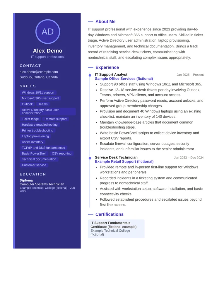 Fictional Alex Demo resume in the Modern template, with a violet sidebar, skill labels, and a work-experience timeline.