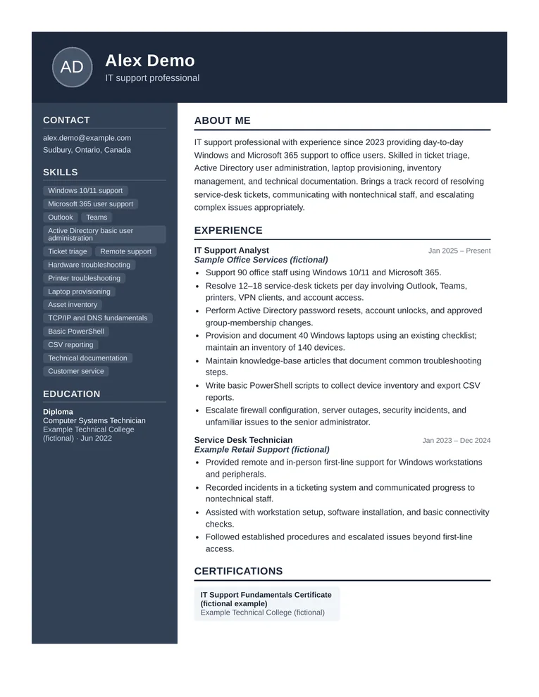 Fictional Alex Demo resume in the Professional template, with a navy header, dark sidebar, and work experience in the main column.