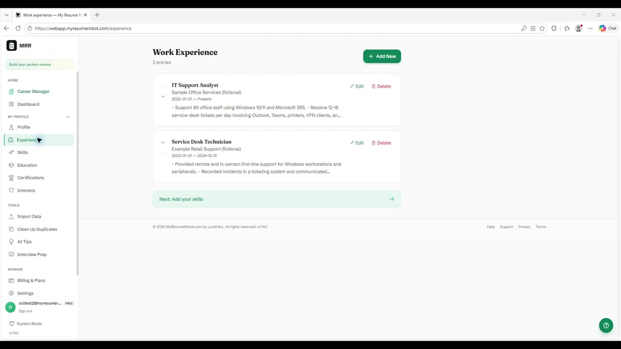 MyResumeRobot work-experience page showing two fictional IT support roles imported into Alex’s profile.