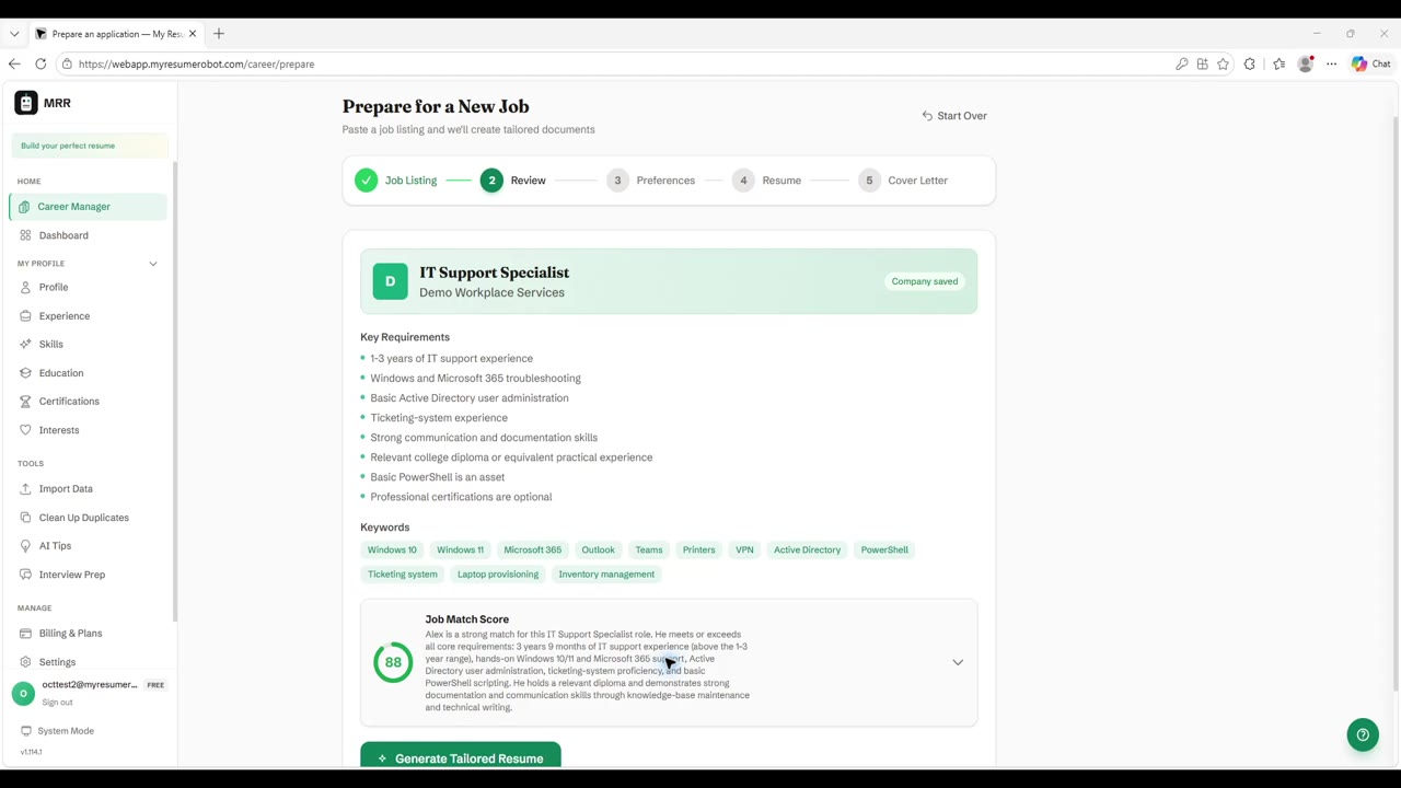 MyResumeRobot review step showing the fictional IT Support Specialist posting, its key requirements, and a job-match analysis.