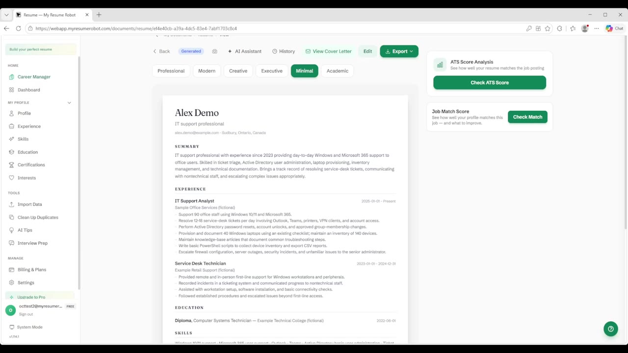 MyResumeRobot document editor displaying Alex Demo’s tailored one-page IT support CV in the Minimal layout.