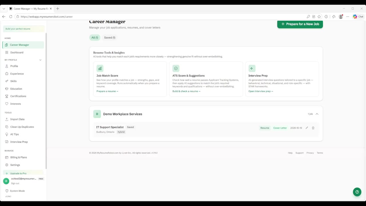 Career Manager showing Alex’s saved fictional IT Support Specialist opportunity with linked CV and cover letter.
